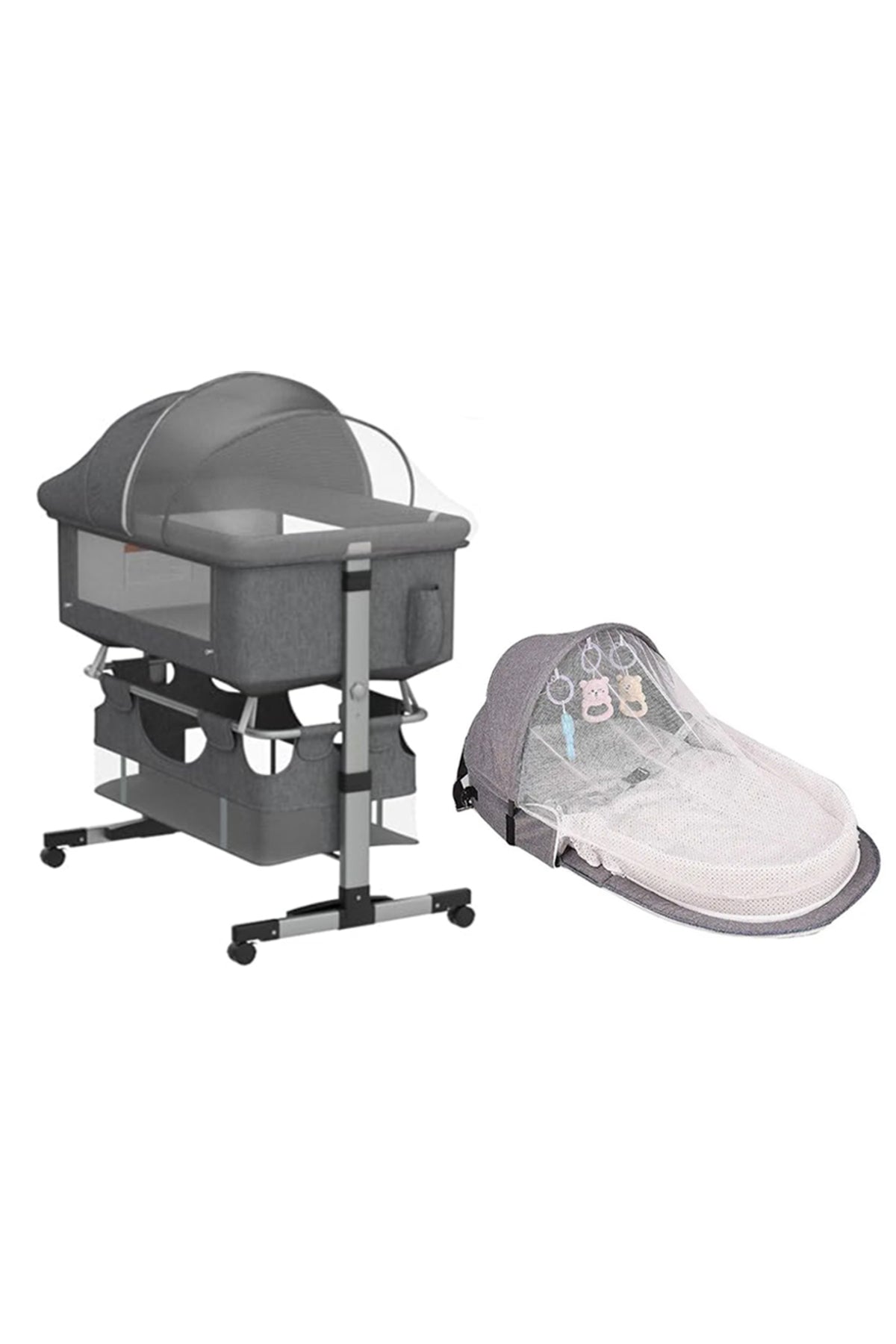 Star Babies - Adjustable Bedside Crib With Net & Storage Basket And Infant Bed With Mosquito Net - Grey