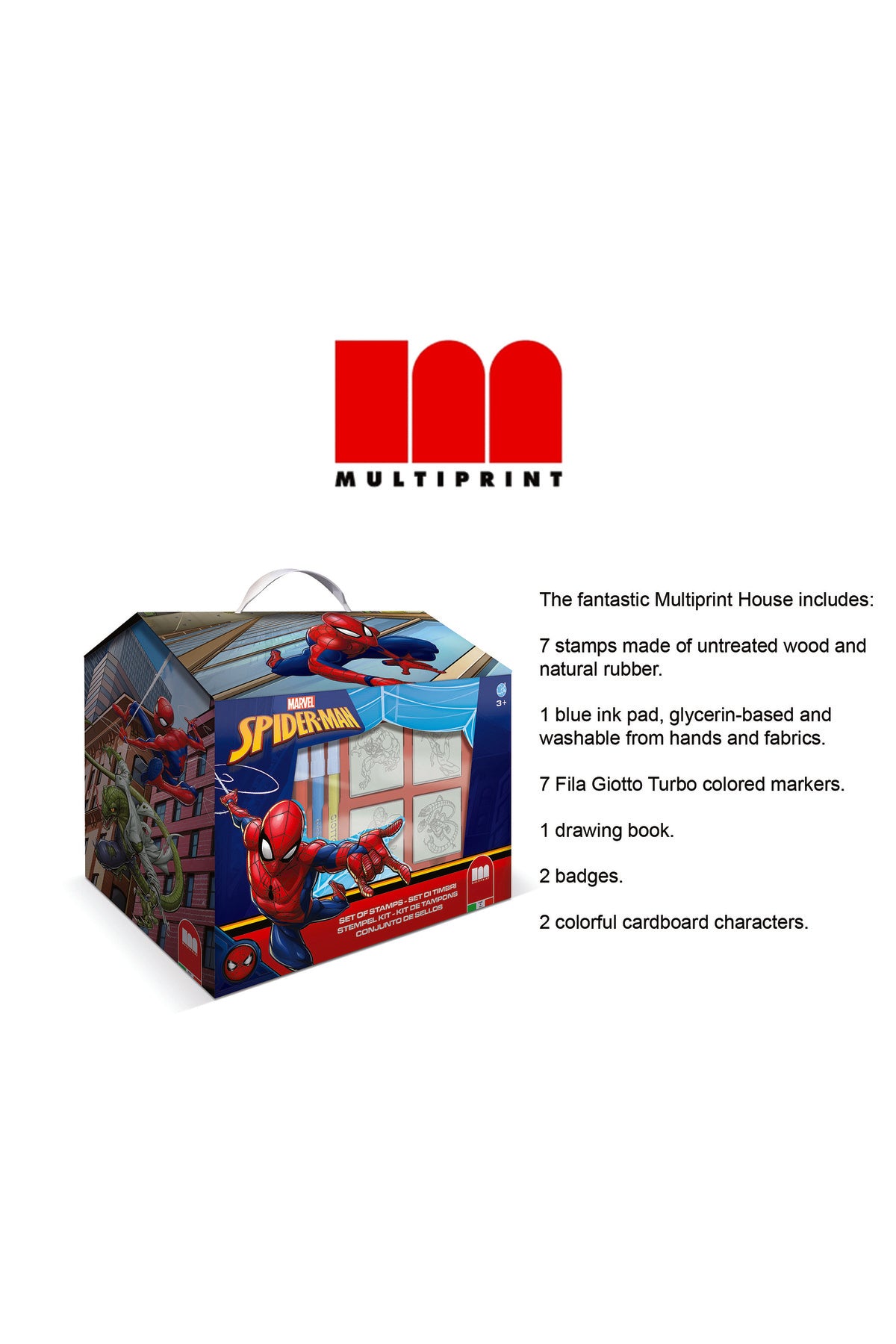 Multiprint Spiderman House – Creative Stamping & Coloring Set for Kids – Includes 7 Wooden Stamps, Washable Ink, 7 Markers, Drawing Book & More – Made in Italy