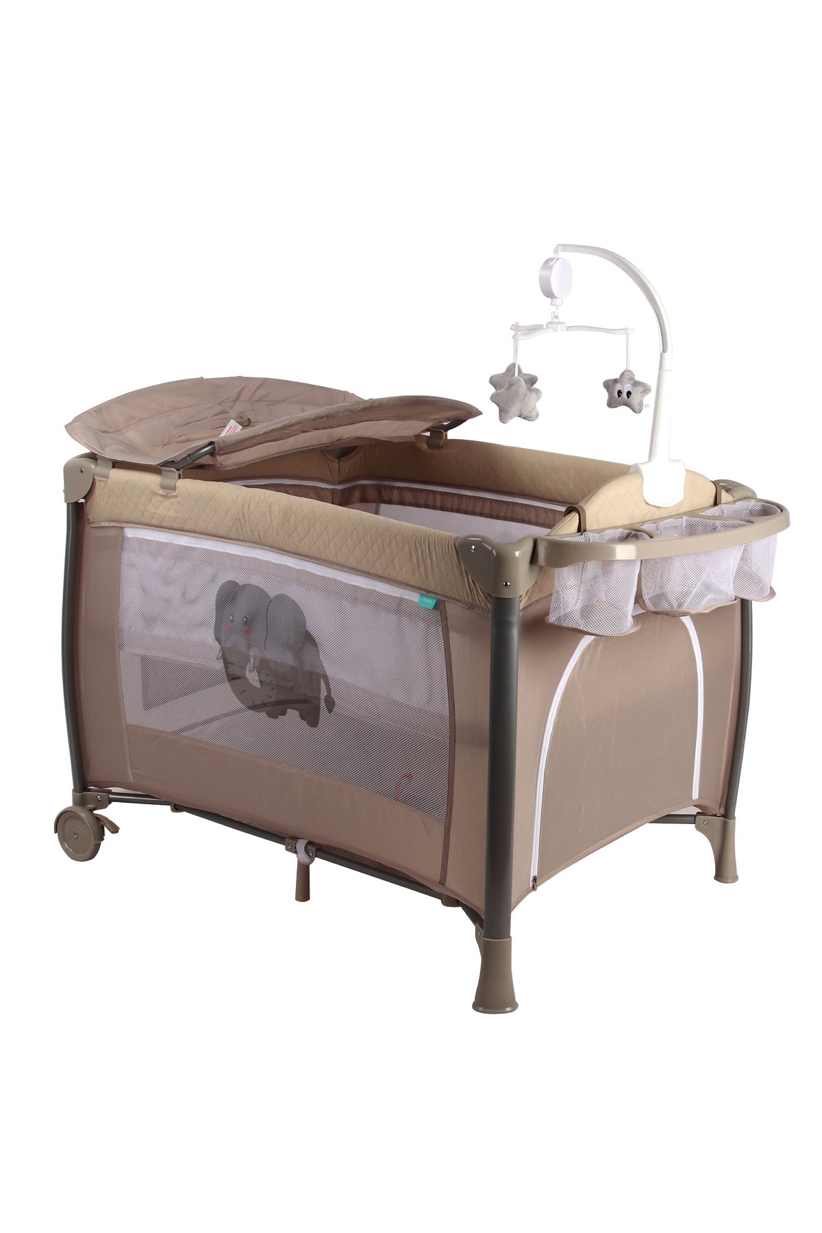 MOON Joypod Playpen with Removable Diaper Changer , Musical Toy & Lockable Wheels-Beige