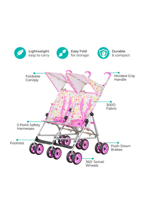 MOON Jet Plus  Twin Buggy Lightweight Travel strollers -Umbrella Fold- up to 30Kg,6m+ -Pink