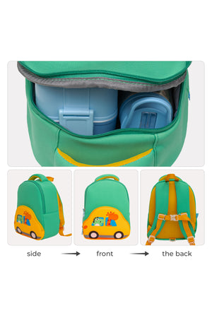 MOON Kids Backpack  – Comfy 3D Design,Padded Straps, Waterproof-Perfect for Preschool, Nursery, Snacks & Lunchbox-Car/Green
