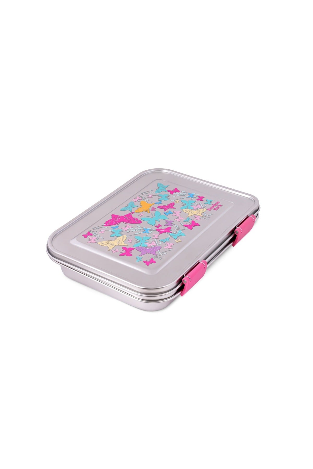 Bamboo Bark Stainless Steel Bento Lunch Box with Lid, 1030ml Leakproof Metal Stackable Snack Box, and 3 Multi-Compartment Divided Meal Prep Food Storage Containers for School, Travel and Work – (Butterfly Print)