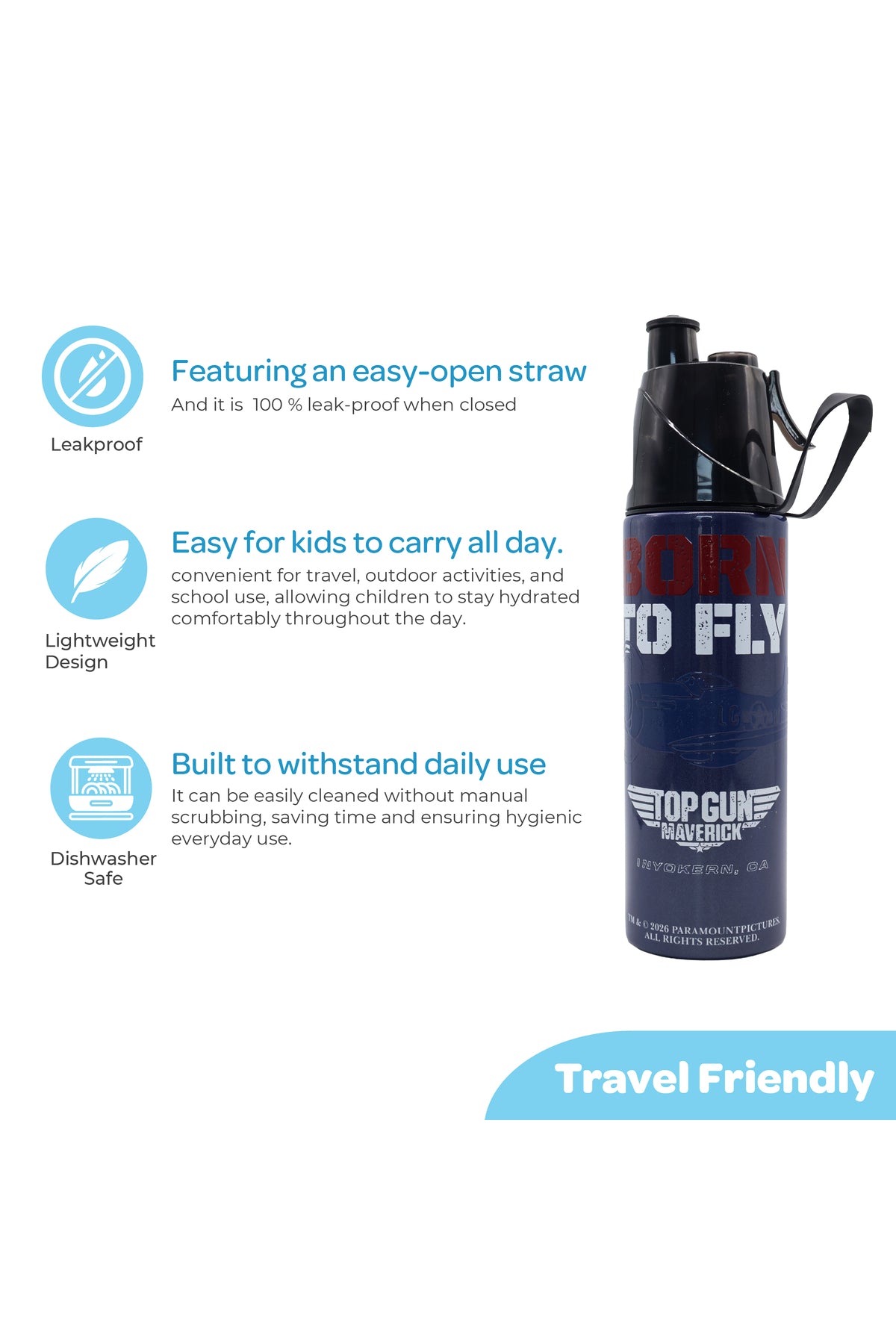MOON Licensed Top Gun Water Bottle with Spray Mist | Cooling Spray | BPA-Free  Stainless Steel | Leak-Proof for School, Camping, Hiking, Outdoor Play | Boys Water Bottle |500ml