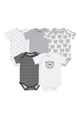 MOON Organic Baby Body Suit Set of 5 for Unisex and Boys for 6-9 Months -Grey