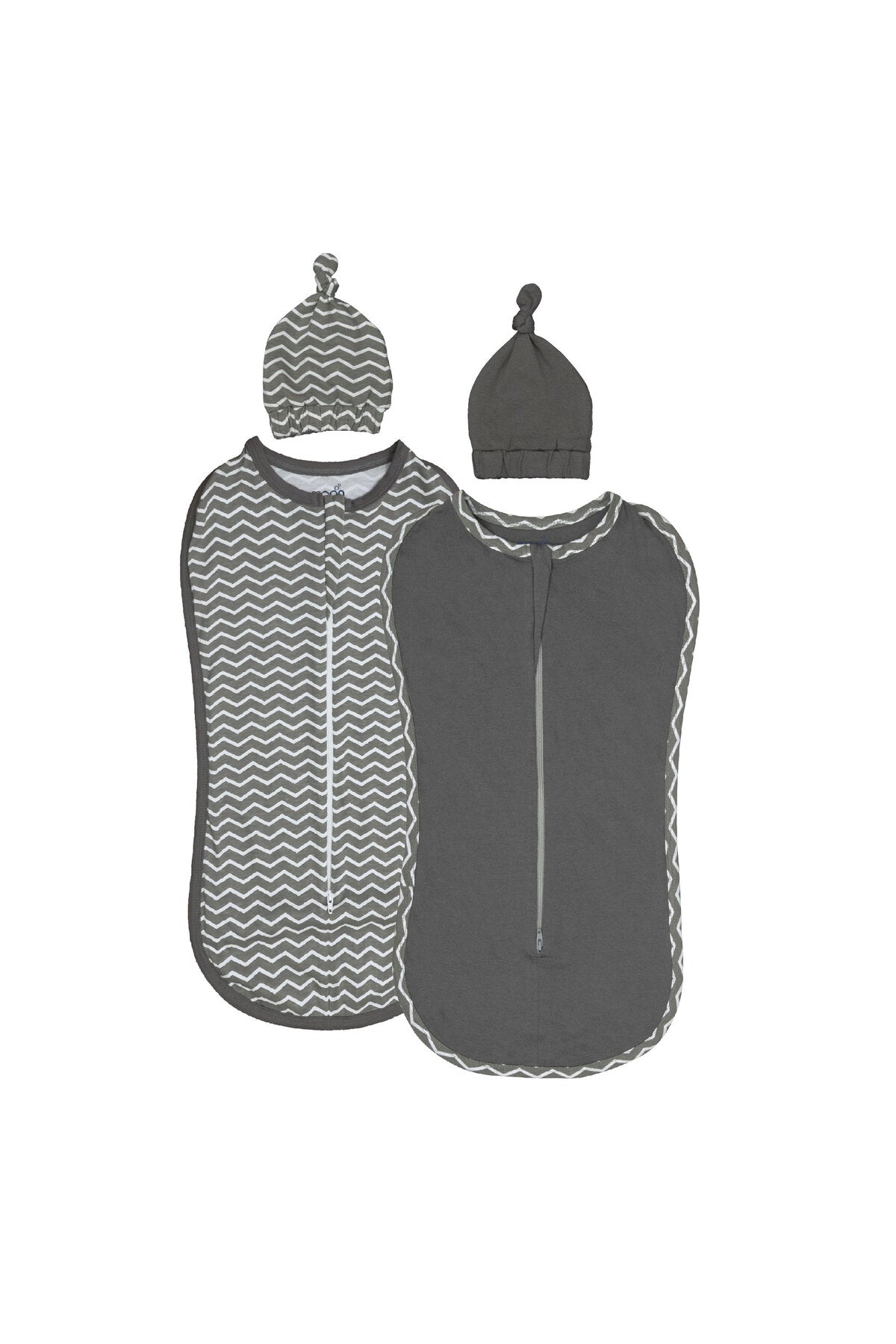 MOON Swaddle Pods with Beanie - Pack of 2, Front Two-Way Zippered-Grey and Stripes Print