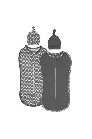 MOON Swaddle Pods with Beanie - Pack of 2, Front Two-Way Zippered-Grey and Stripes Print