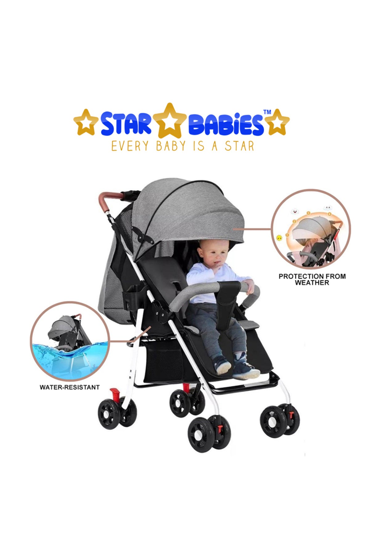 Star Babies - Lightweight Foldable Travel Stroller W/ Storage Basket  & Detachable Bumper