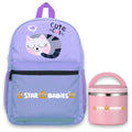 Star Babies Cute Cat theme Black 16-Inch Children's Backpack Adjustable Shoulder Strap- Purple With food jar, Pink 500ml