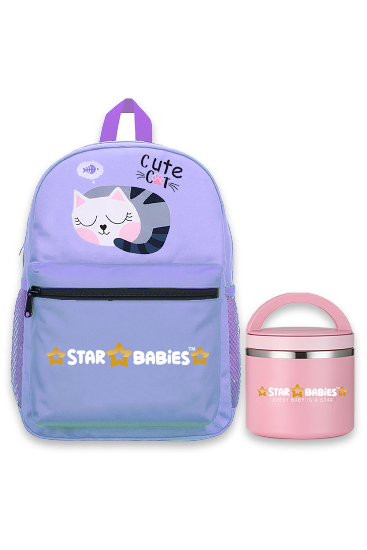 Star Babies Cute Cat theme Black 16-Inch Children's Backpack Adjustable Shoulder Strap- Purple With food jar, Pink 500ml