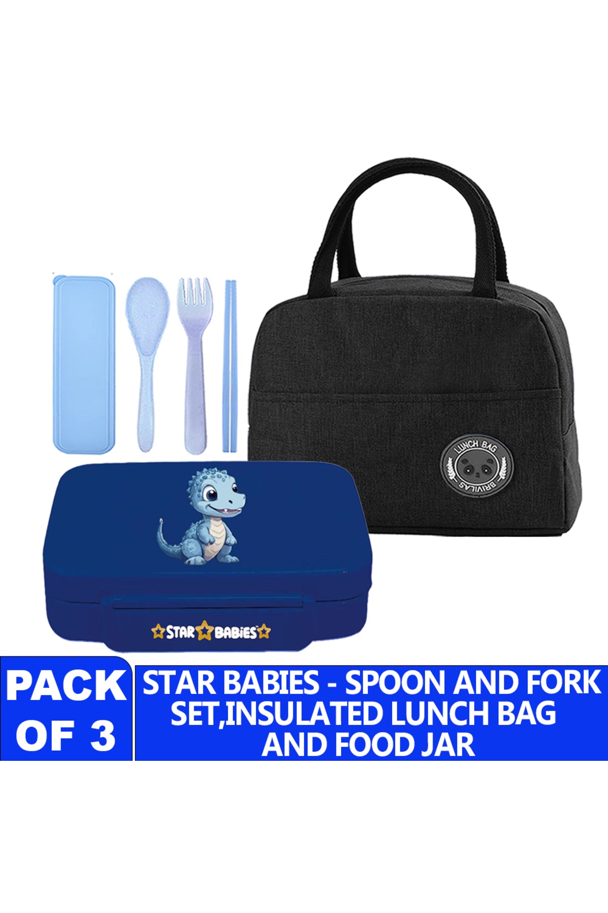 Star Babies Insulated Mini Lunch Bag with 5 Compartment Lunch Box and Fork-Spoon Set- Black