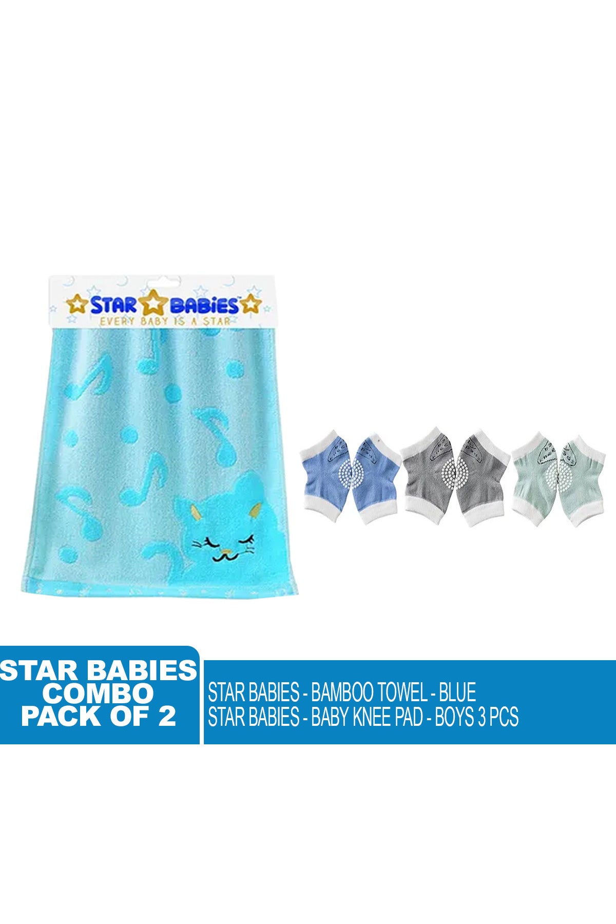 Star Babies - Combo Pack Of 2- Boys Anti-Slip Crawling Kneepads Pack Of 3 With Bamboo Towel - Blue