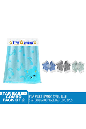 Star Babies - Combo Pack Of 2- Boys Anti-Slip Crawling Kneepads Pack Of 3 With Bamboo Towel - Blue
