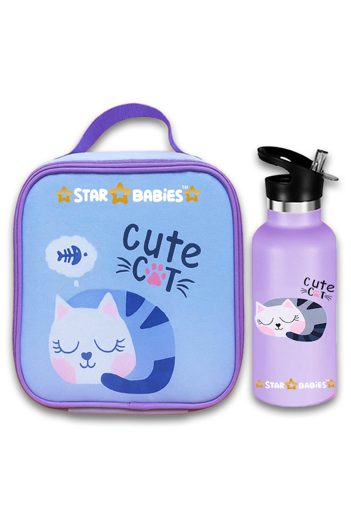 Star Babies  Cute Cat Themed Bento Lunch Bag , Toddler-Friendly, 3 Years+, Easy to clean -with 500ml Stainless Steel Water bottle