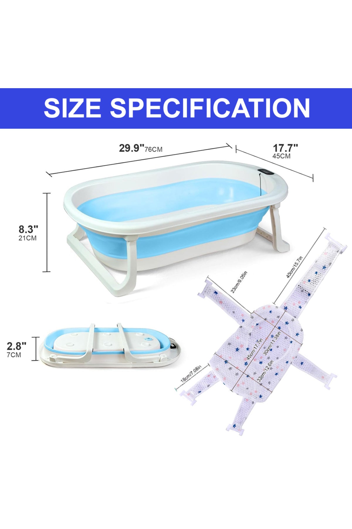 Star Babies - Baby Foldable Bathtub With Thermometer & Bath Seat Support Net, Set - Blue - Pack of 2