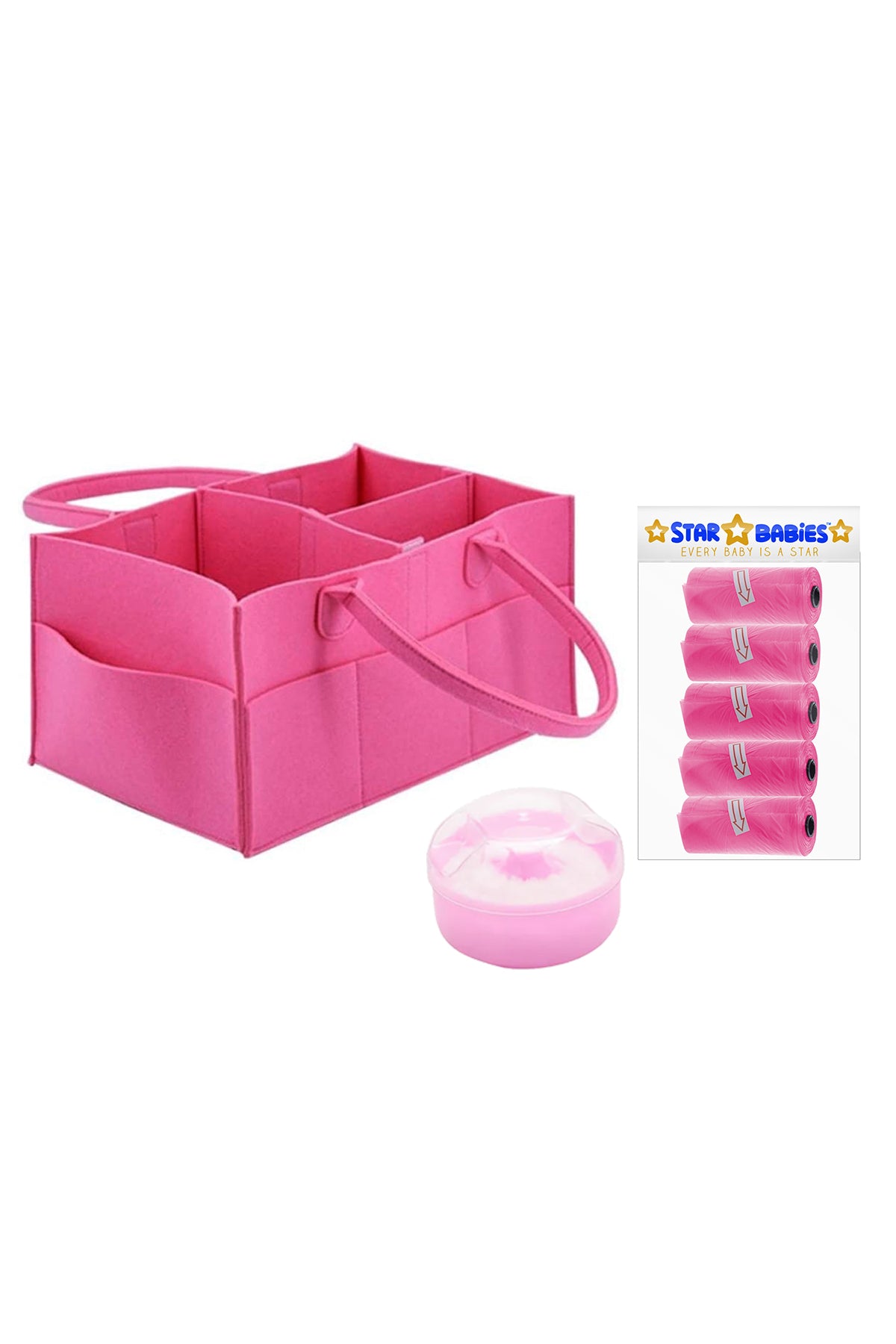 Star Babies Pack of 3 (Caddy Diaper Organizer, Scented Bag Pack of 5 (75bags), Powder Puff Pink)