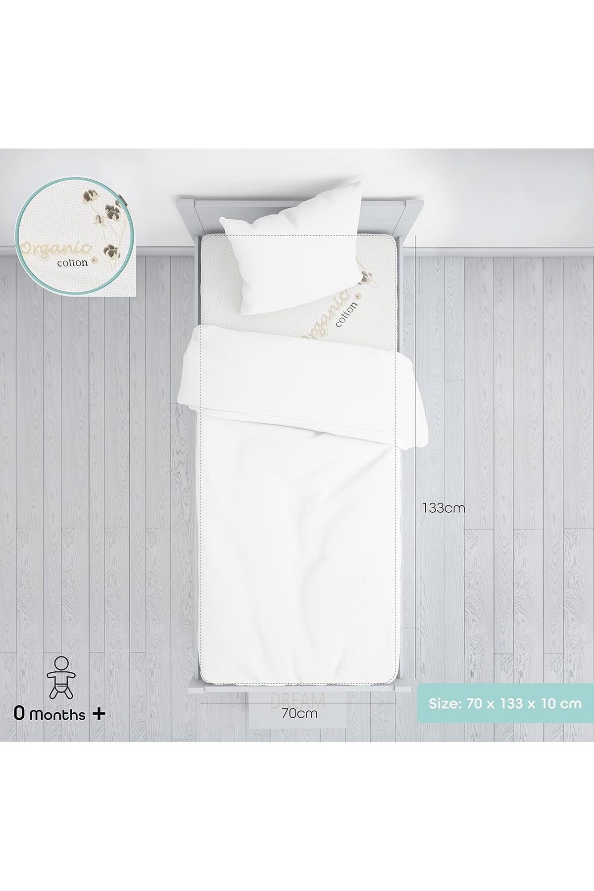 MOON  organic Toddler Crib & bed mattress - Size 133x10x70 cm