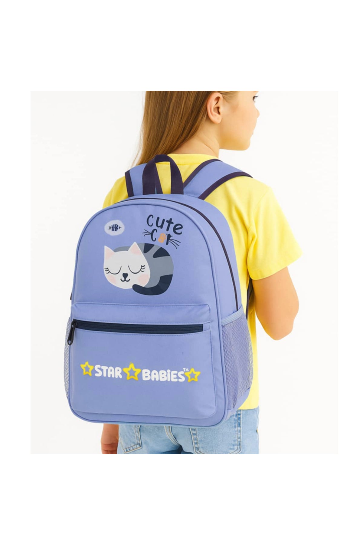 Star Babies Cute Cat theme Black 16-Inch Children's Backpack Adjustable Shoulder Strap- Purple With food jar, Pink 500ml