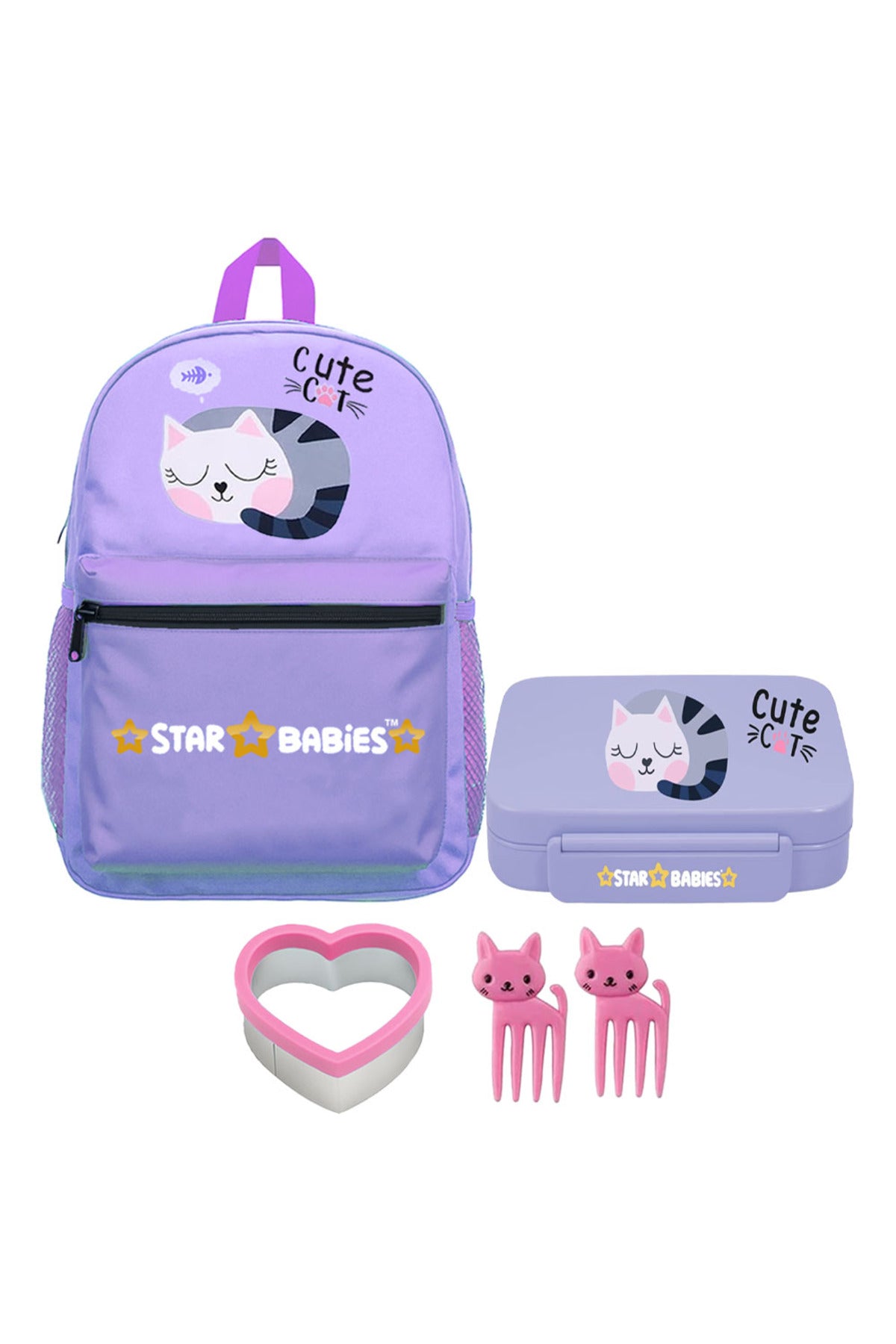 Star Babies 16-Inch Cute Cat themed Children's Backpack with Adjustable Shoulder Strap for Hiking Large with Bento Lunch Box with 4 Compartments, BPA Free, Leak-Proof, Toddler-Friendly, 3 Years+ size,Pack of 2