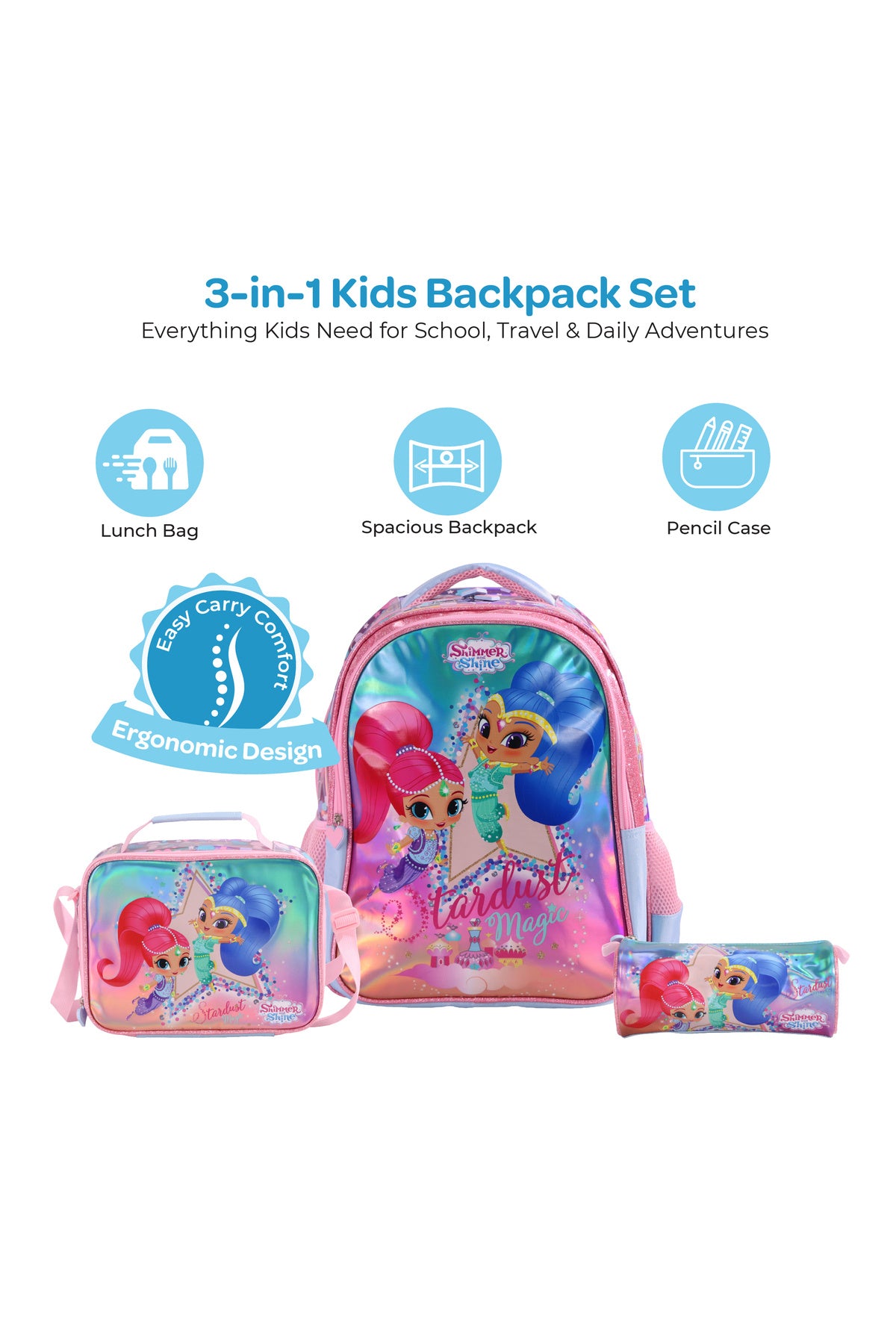 MOON Licensed  SHIMMER & SHINE  3 in 1 Kids Backpack Set  - (16-Inch) Premium Kids School Bag with Lunch Bag & Pencil Case-Pink&Blue
