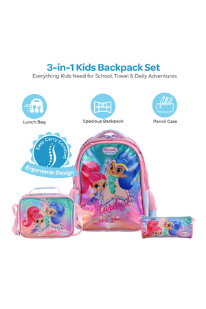 MOON Licensed  SHIMMER & SHINE  3 in 1 Kids Backpack Set  - (16-Inch) Premium Kids School Bag with Lunch Bag & Pencil Case-Pink&Blue