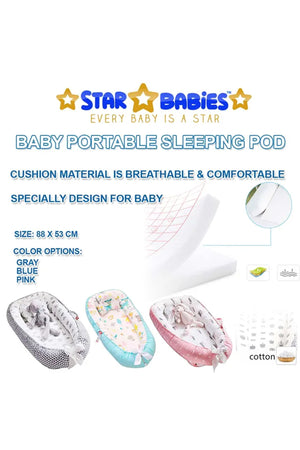 Star Babies Portable Lounger Sleeping Pod - Grey Stripe With Caddy Stripe - Grey