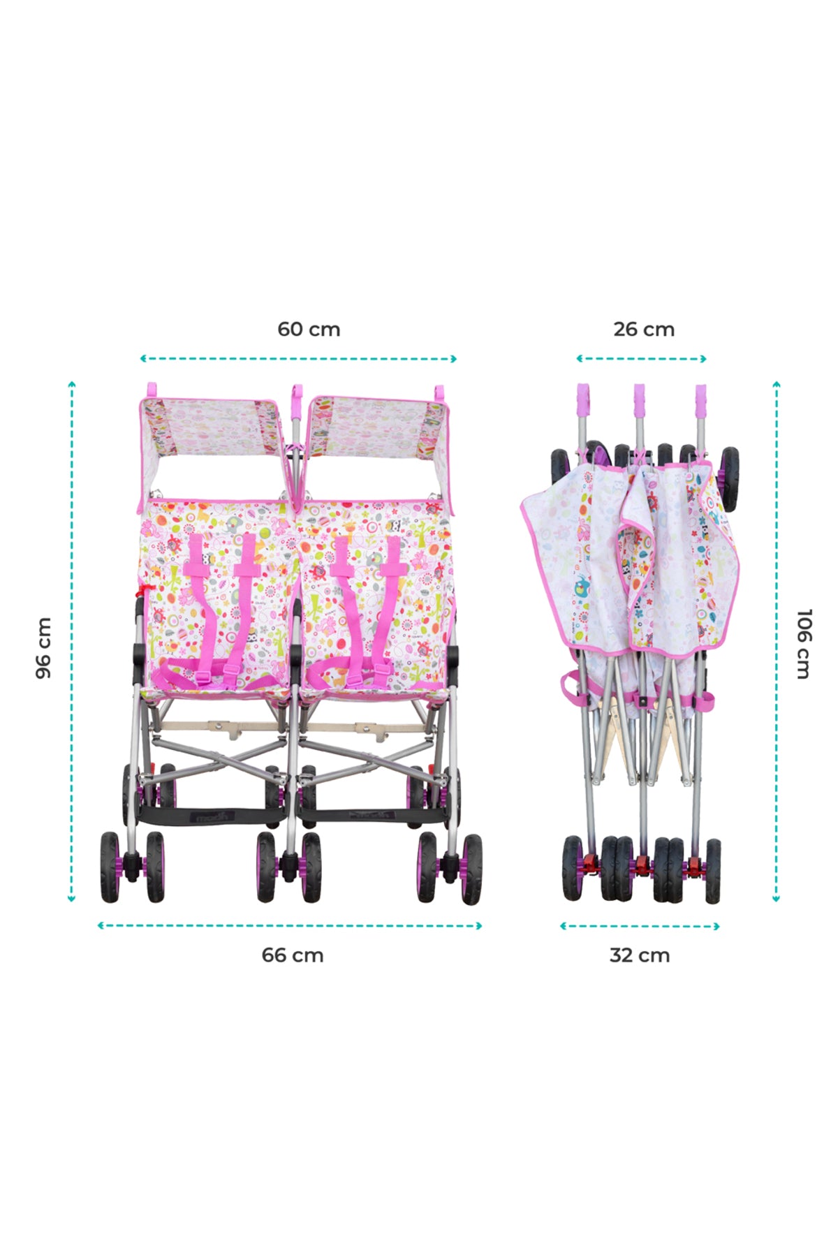MOON Jet Plus  Twin Buggy Lightweight Travel strollers -Umbrella Fold- up to 30Kg,6m+ -Pink
