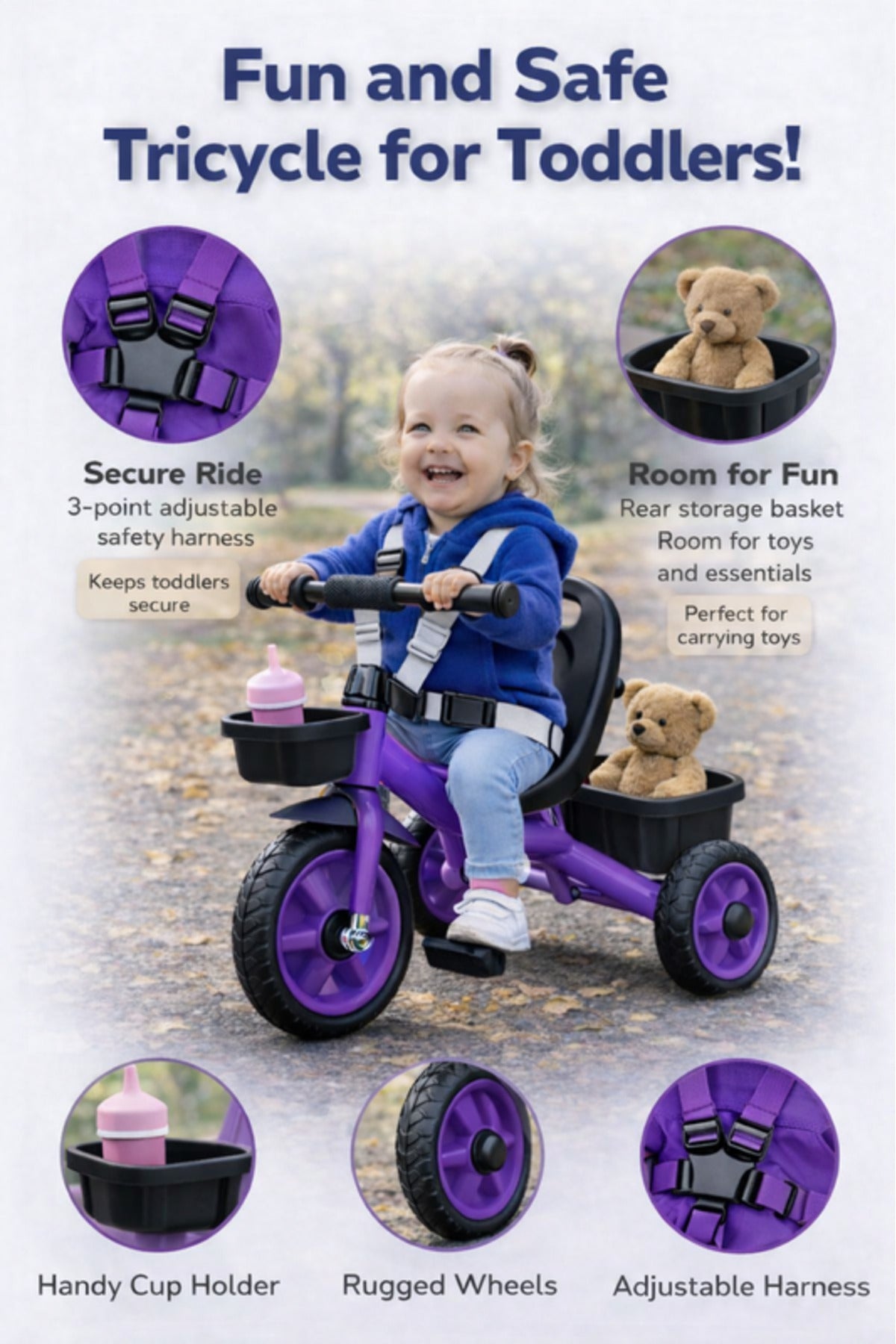 StarMarz Toddler 3-Wheel Tricycle Ride-On Toy with Safety Seat, Cup Holder & Rear Storage Basket - Purple