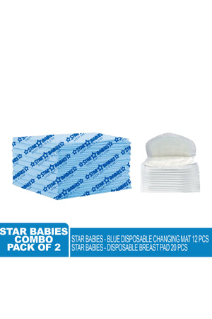 Star Babies - Combo Pack of 2- Disposable Changing Mat Pack of 12 with Breast Pad (20 Pcs) - Blue