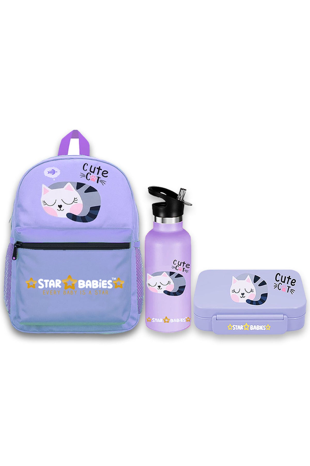 Star Babies 16-Inch  Cute Cat Themed Children's Backpack with Adjustable Shoulder Strap for Hiking Large with 500 ml Stainless Steel Water Bottle and Bento Lunch Box with 4 Compartments, Leak-Proof, Toddler-Friendly, 3 Years+, Pack of 3