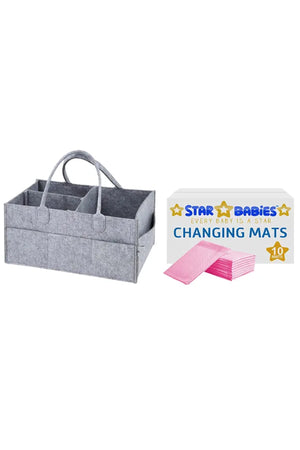 Star Babies - Caddy Diaper Bag w/ Disposable Changing Mat - 10pcs - Grey/Pink