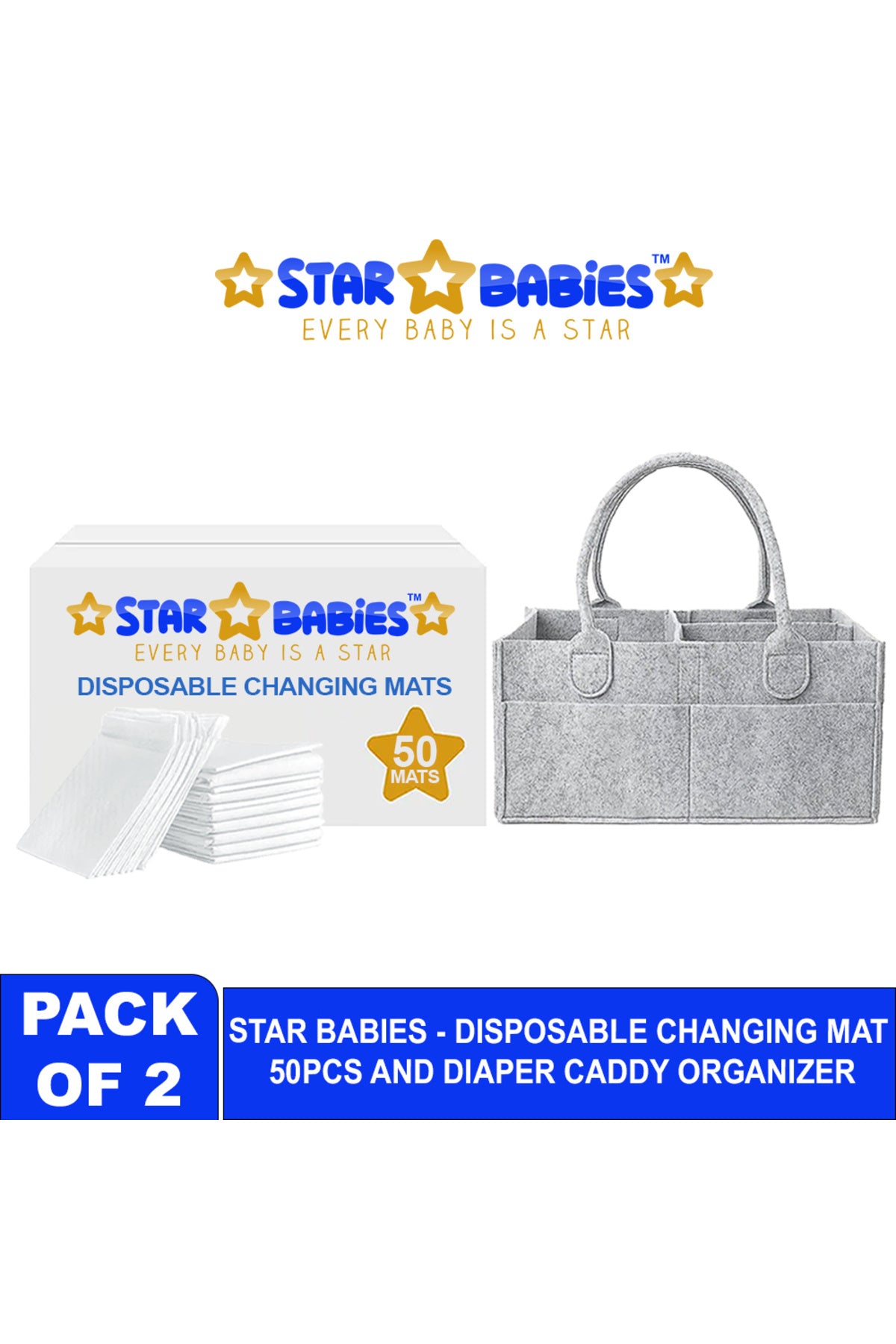 Star Babies - Disposable Changing Pads With Baby Diaper Caddy Organizer 50Pcs - White Grey
