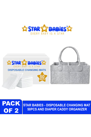 Star Babies - Disposable Changing Pads With Baby Diaper Caddy Organizer 50Pcs - White Grey