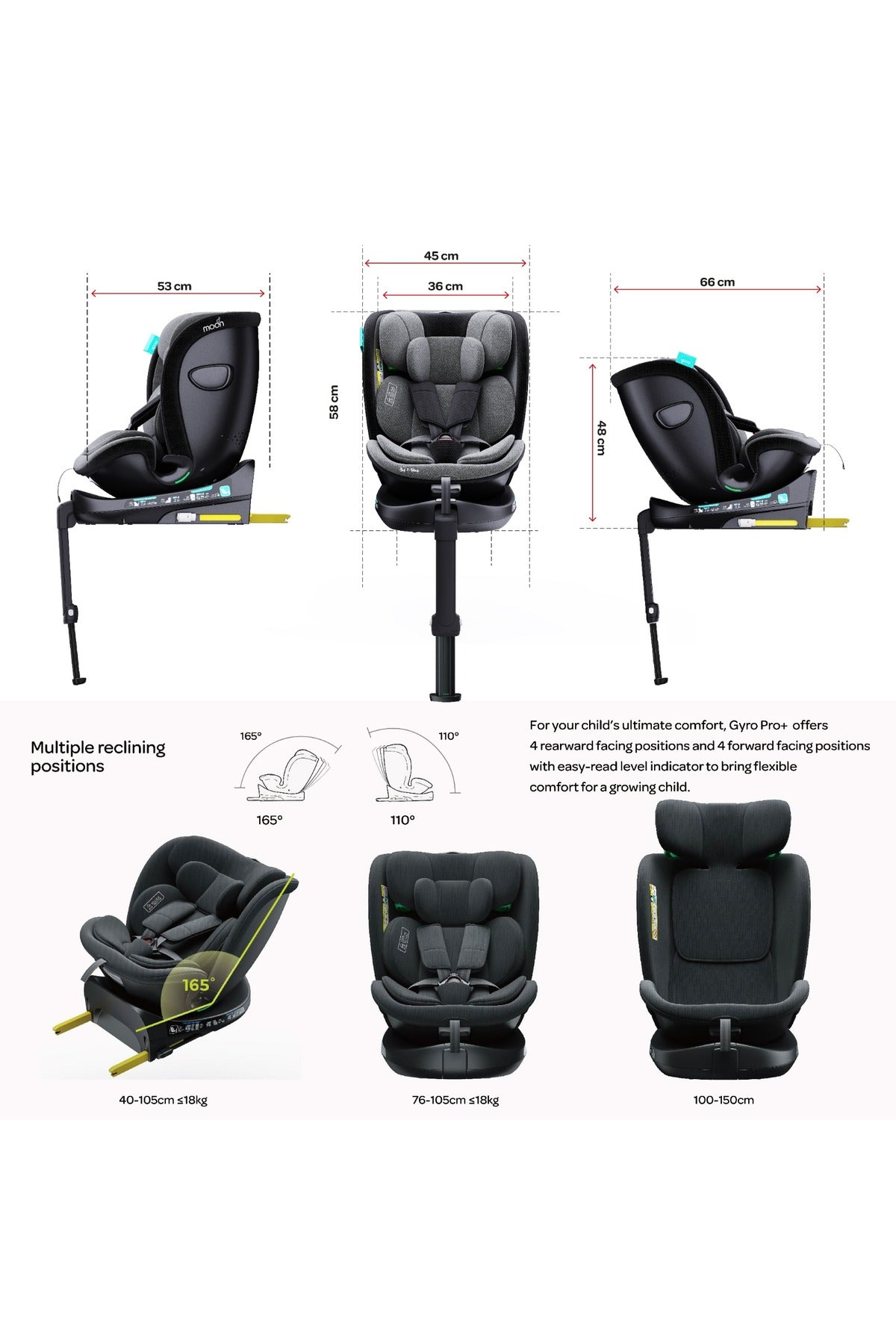 MOON Gyro Pro+ i-Size 360° Rotating Car Seat w/ leg Support and ISOFIX for 40-150cm (Group 0+-1-2-3) 0m to 12Yr- ECE R129/E4 – Grey