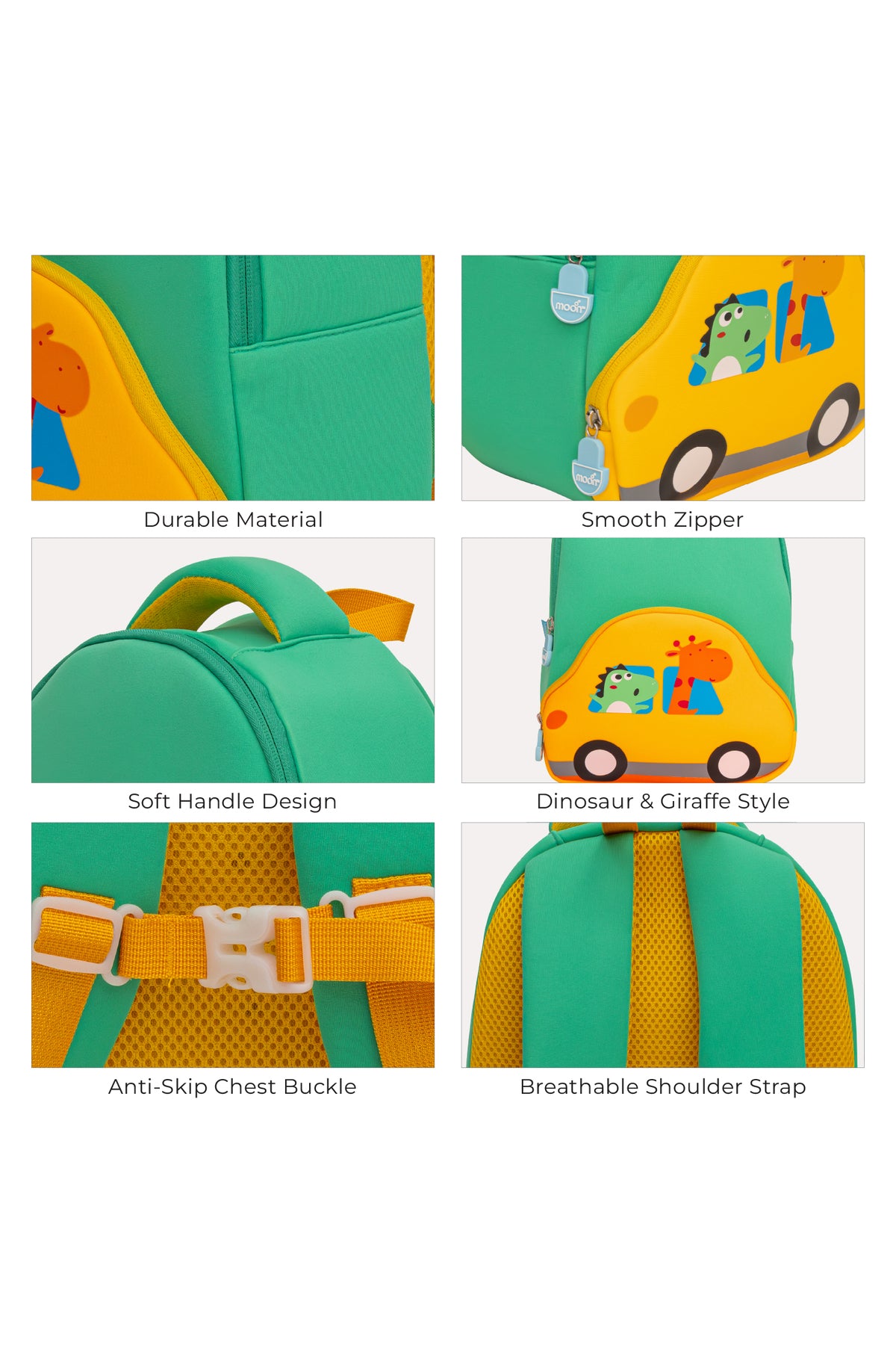 MOON Kids Backpack  – Comfy 3D Design,Padded Straps, Waterproof-Perfect for Preschool, Nursery, Snacks & Lunchbox-Car/Green