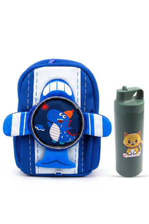 Cocobee Insulated Stainless Steel Vacuum Flask – Leakproof, Odour-Free, Food Grade, 550ml, 3 Years+ – Green + Aeroplane Style Dinosaur Printed Backpack