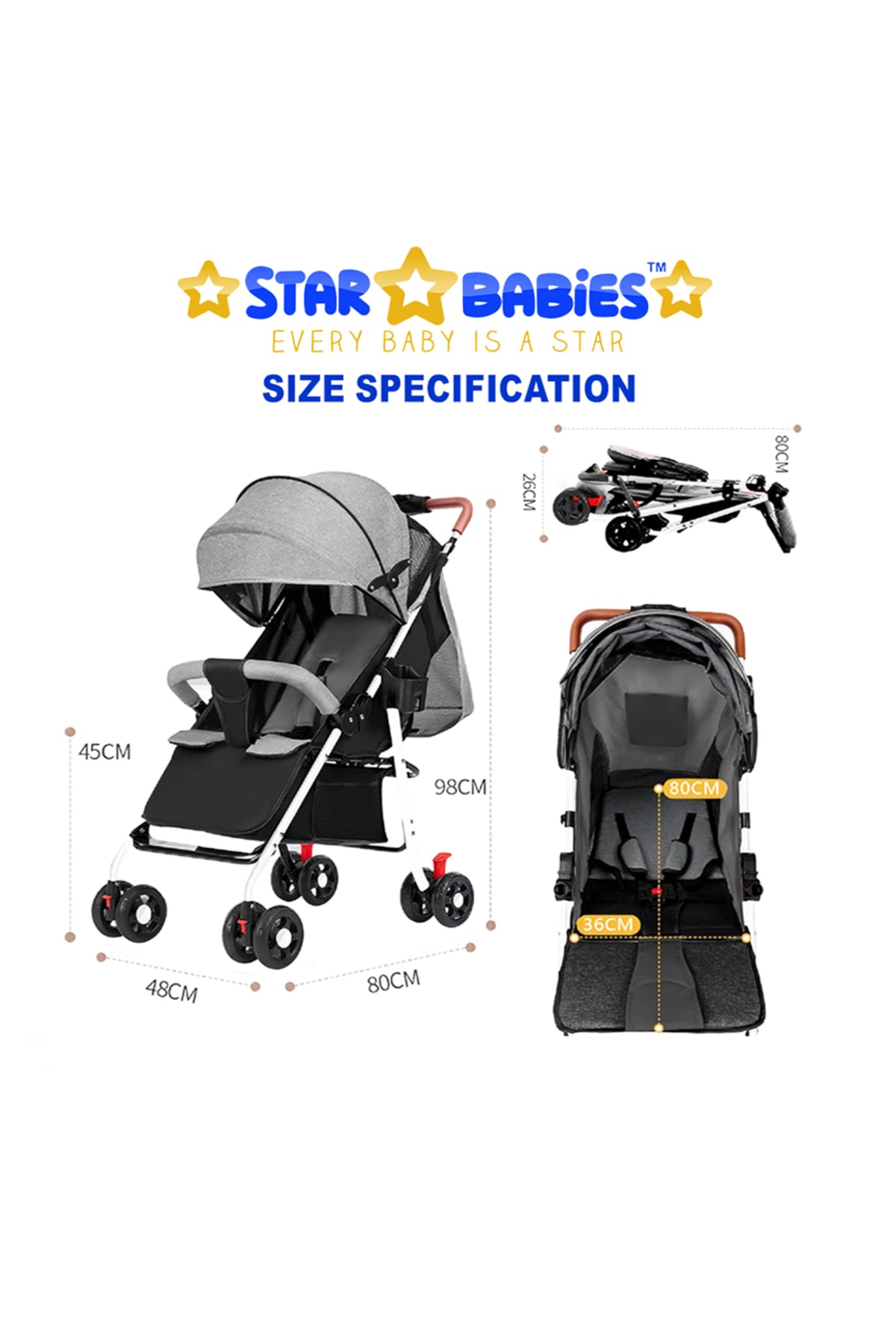 Star Babies - Lightweight Foldable Travel Stroller W/ Storage Basket  & Detachable Bumper