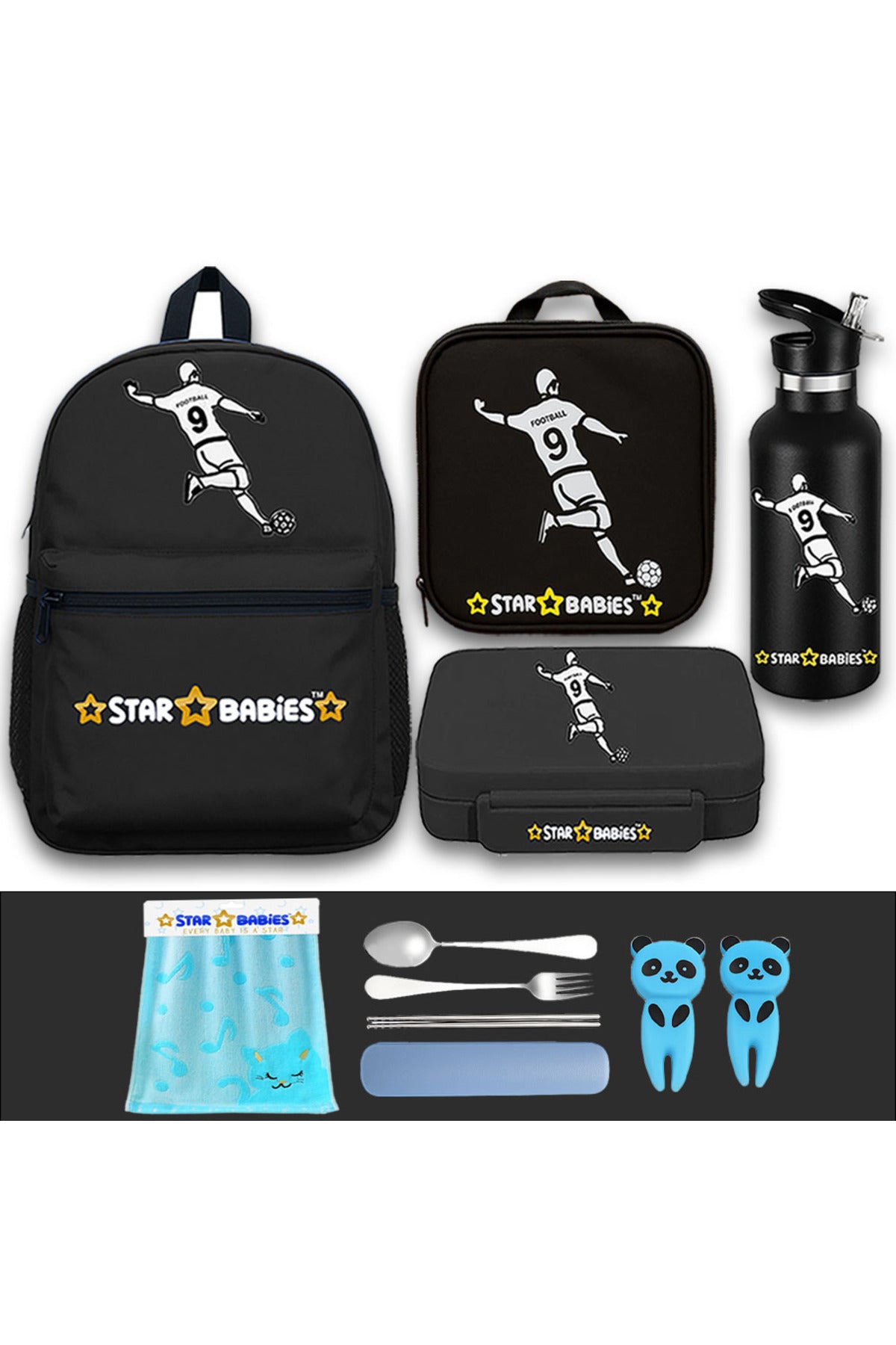 Star Babies Set of 4 – Football Theme 16" School Bag, 4-Compartment Lunch Box, Insulated Lunch Bag, 500ml Water Bottle