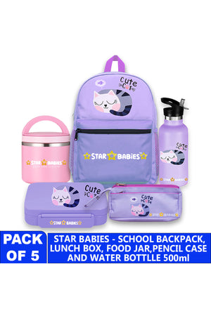 Star Babies 16-Inch cute Cat Themed Children's Backpack with  5 compartment Bento lunch box , water bottle and Dual Zipper Pencil Case with Food jar