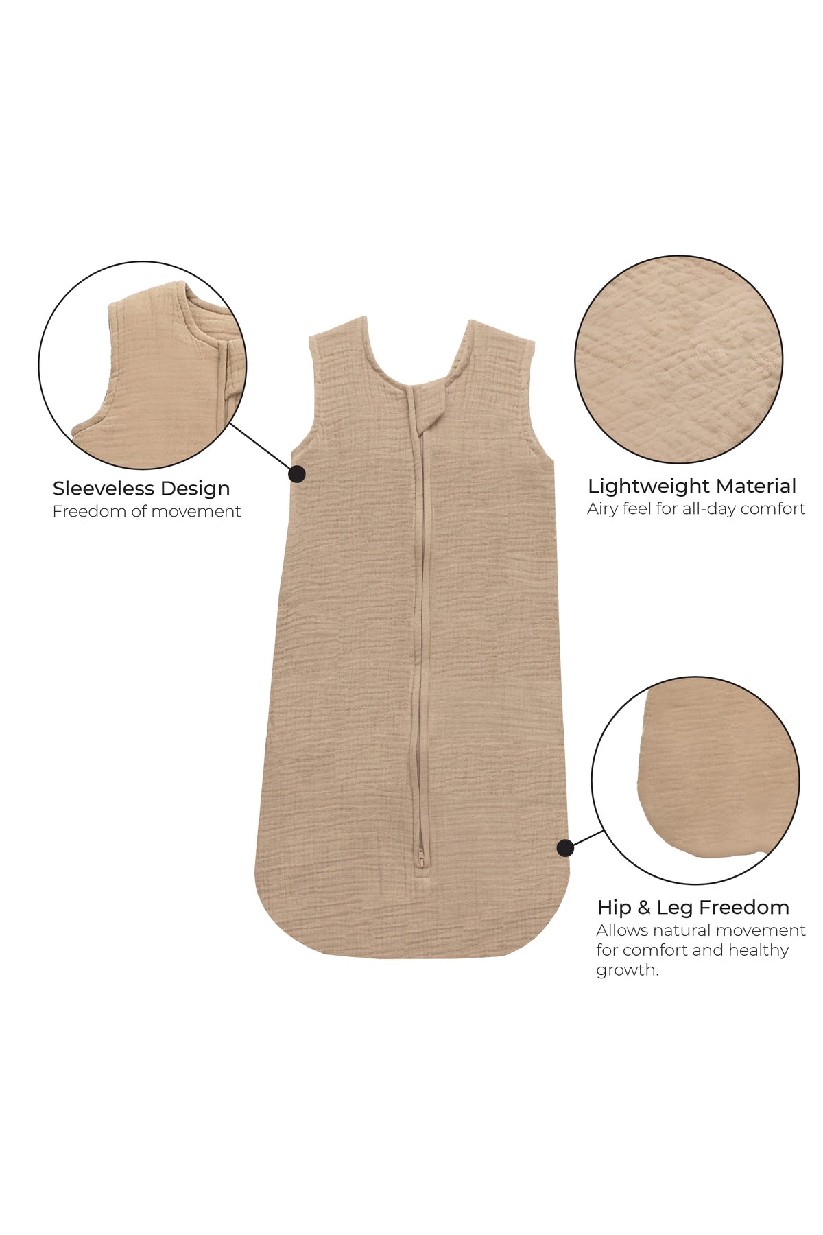 MOON Organic Crinkle Muslin Sleep sack  1 Tog (0-6 Months )-Brown