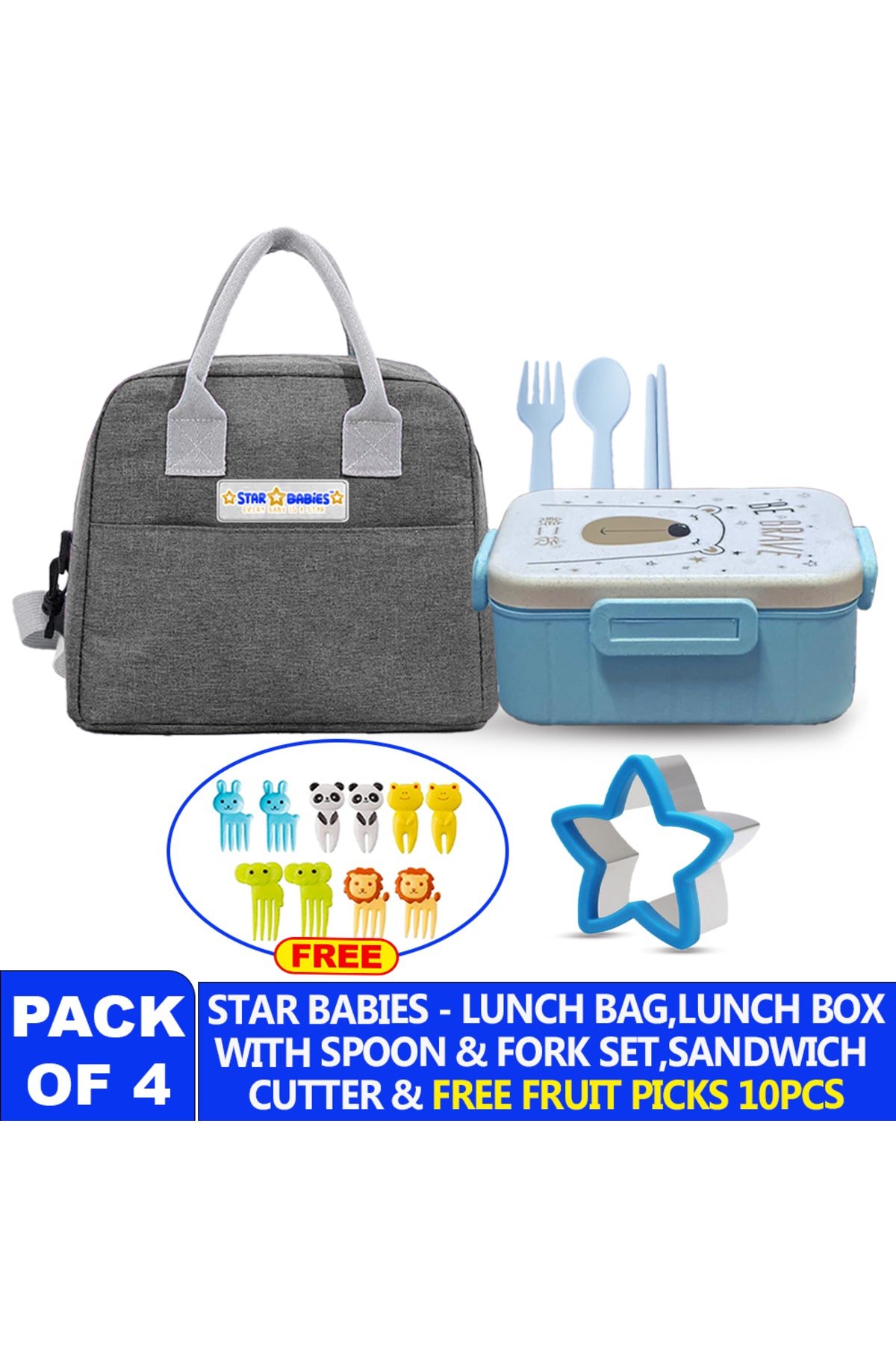 Kids Lunch Kit – Gray Insulated Lunch Bag + Bento Box with , Sandwich Cutter & Fruit Picks free