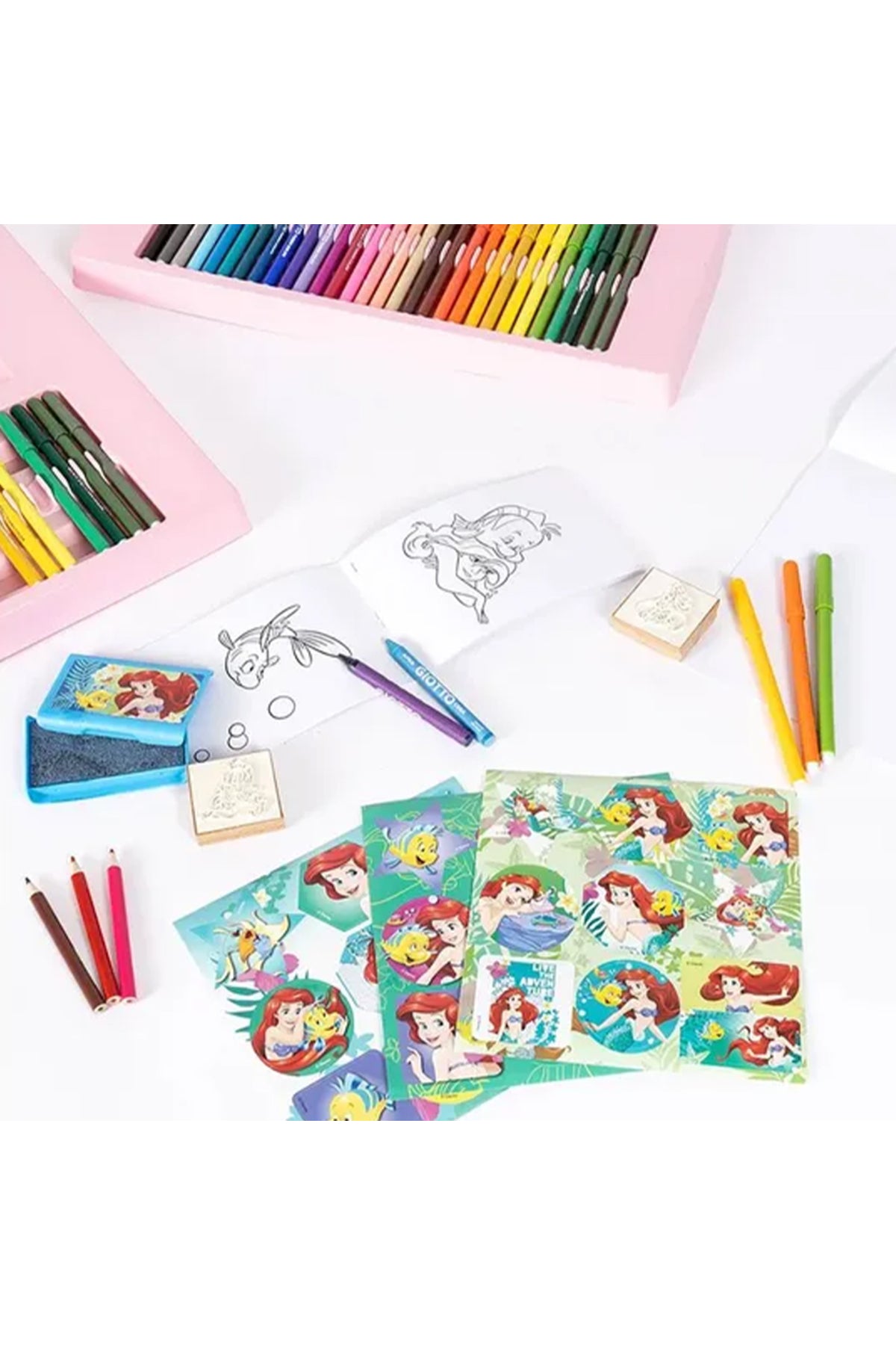 Disney Princess Ariel Mega Maxi Art & Stamp Set for Kids – 6 Wooden Rubber Stamps, Washable Ink Pad, 60 Washable Colour Markers, Crayons, Colouring Book, Notebook & Stickers