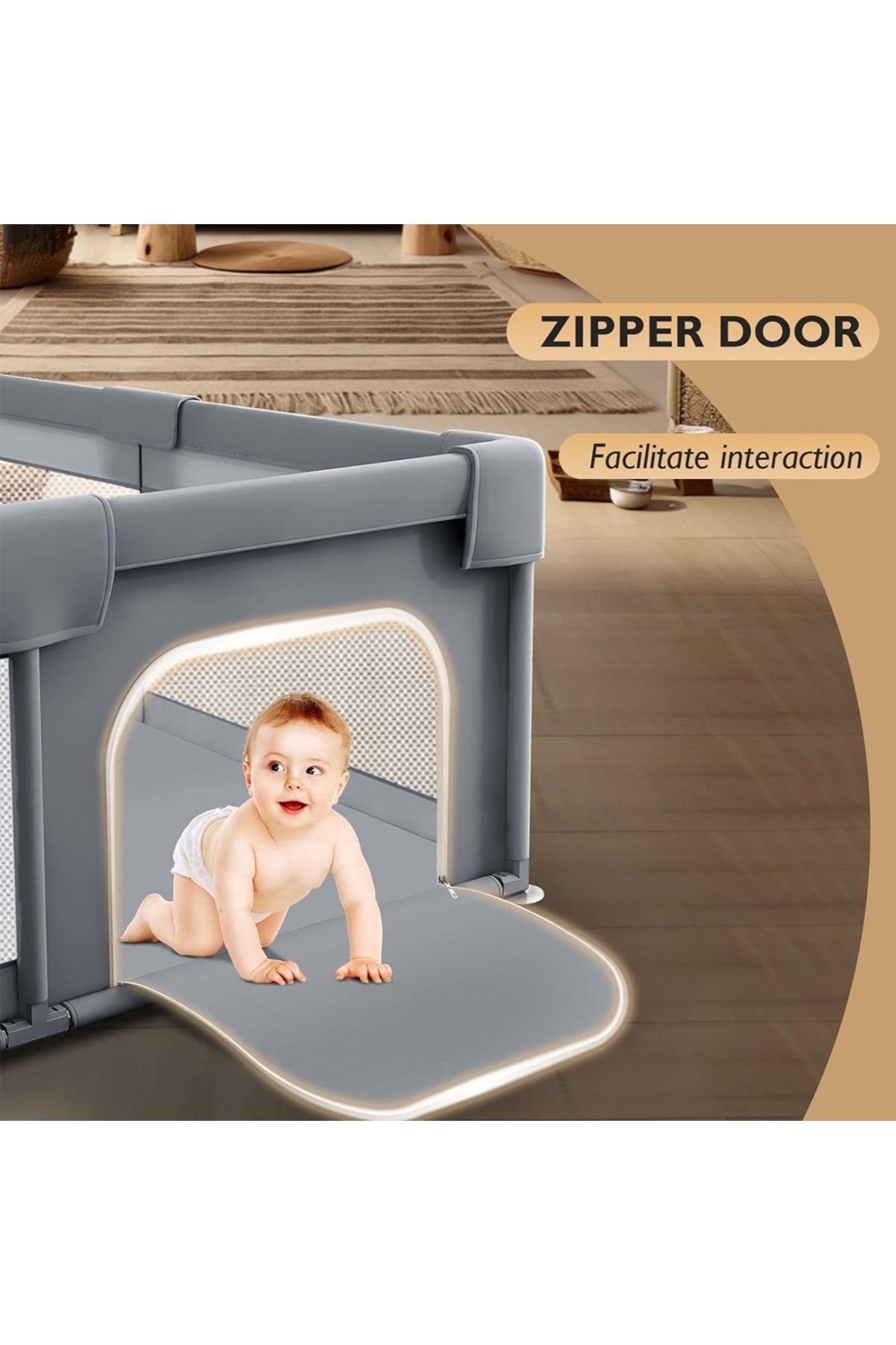 Star Babies - Baby Playpen With 4 Pull-Up Rings - Dark Grey - 120 x 120 cm