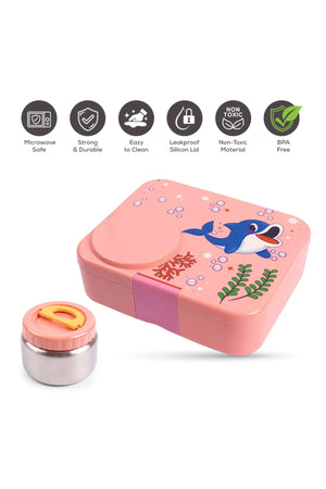 Cocobee Whale Bento Lunch Box With Food Jar – 4 Compartments, Bpa-Free, Leakproof & Odour-Free, 1.67L, 22X18X6.5Cm – Pink (3 Years+)