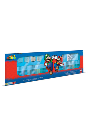 Super Mario 86-Piece Mega Art Set for Kids – 60 Felt Tip Pens, 10 Pencil Crayons, 10 Wax Crayons, 6 Stamps, 1 Ink Pad, 1 Coloring Book, 1 Notebook & 30 Stickers – Creative Drawing & Coloring Kit