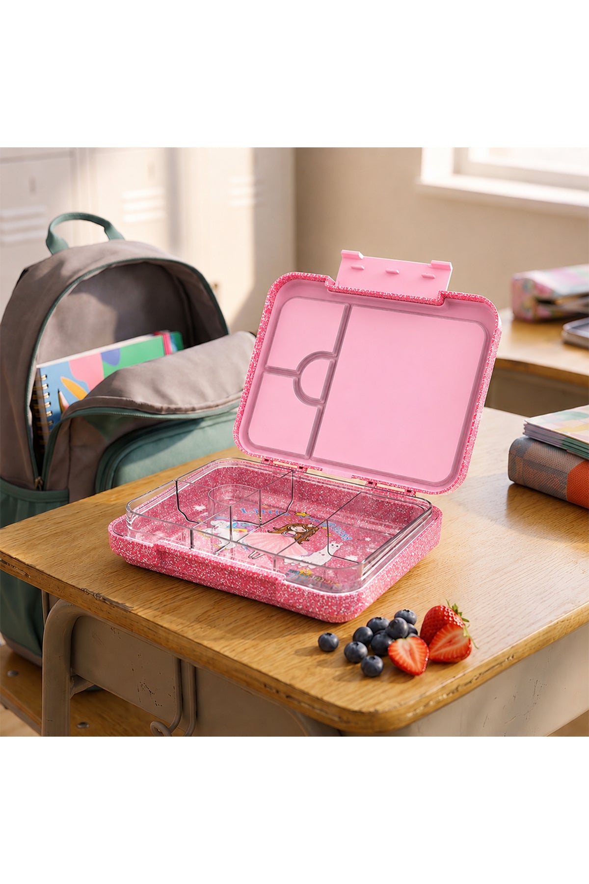 StarMarz Bento Glitter Lunch Box For Kids – Little Princes Edition | 4–6 Compartments, Sandwich Cutters, Fruit Pickers, 1195Ml, Detachable Tray-Pink