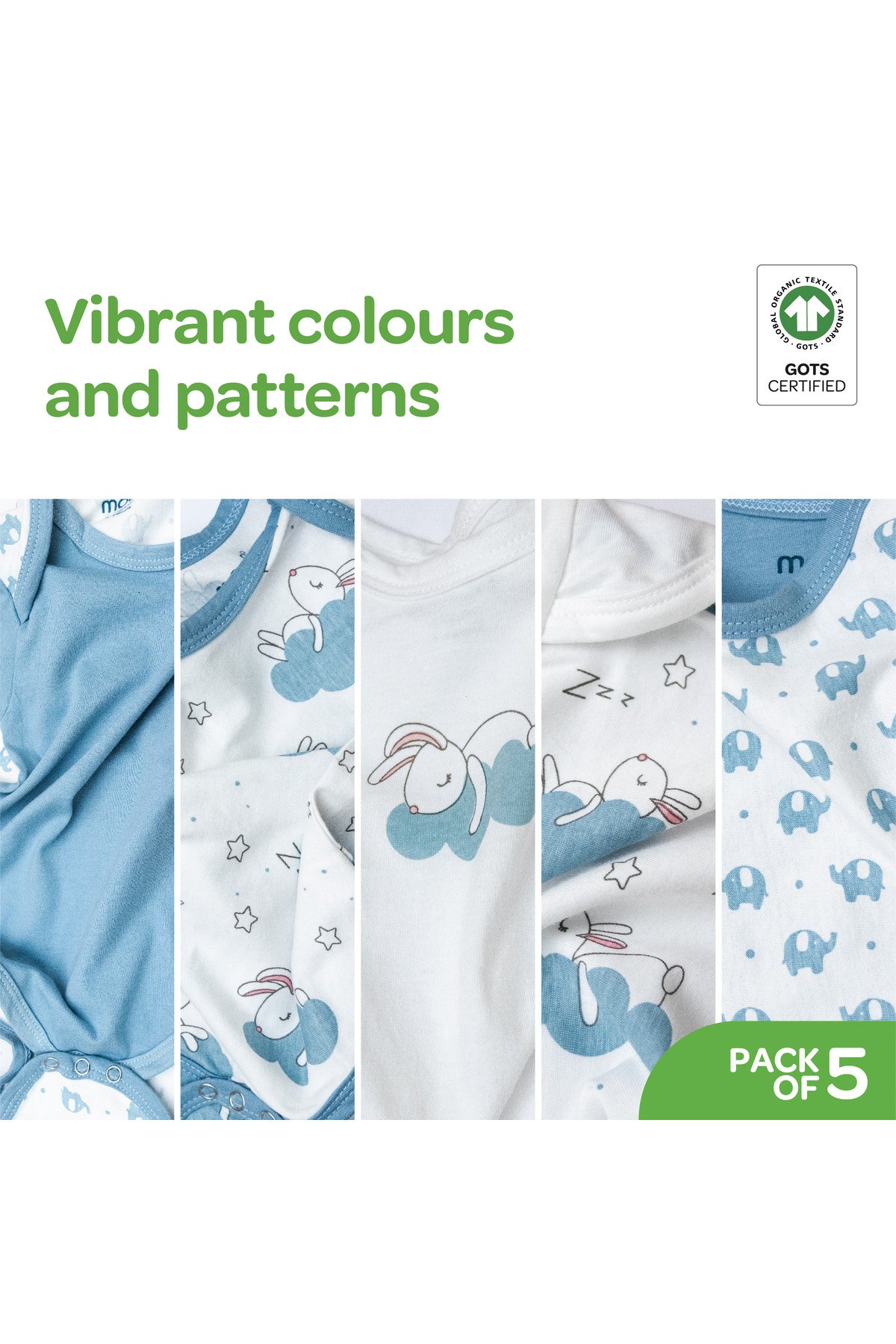 MOON Organic Baby Body Suit Set of 5 for Boys for 6-9 Months -Blue