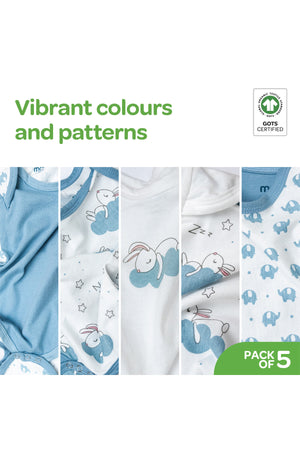 MOON Organic Baby Body Suit Set of 5 for Boys for 6-9 Months -Blue