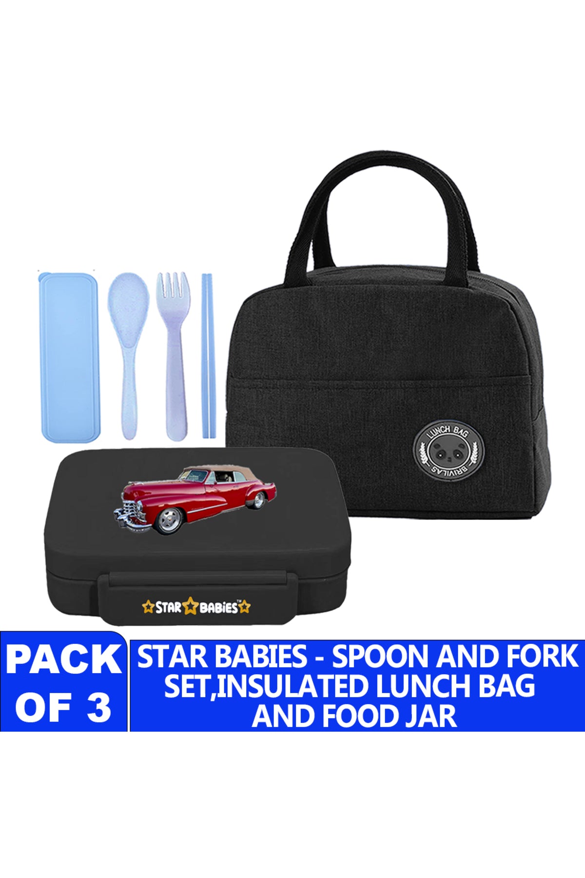 Star Babies Insulated Mini Lunch Bag with 5 Compartment Lunch Box and Fork-Spoon Set- Black