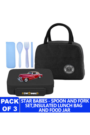 Star Babies Insulated Mini Lunch Bag with 5 Compartment Lunch Box and Fork-Spoon Set- Black