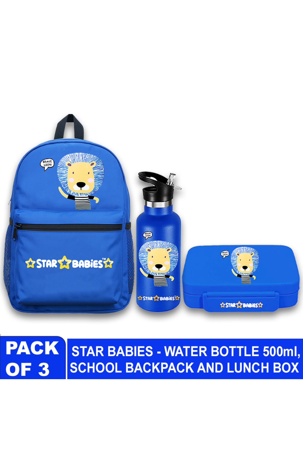 Star Babies 16-Inch Brave Lion Themed Children's Backpack for boys Adjustable Shoulder Strap for Hiking Large with 500 ml Stainless Steel Water Bottle and Bento Lunch Box with 4 Compartments, Leak-Proof, Toddler-Friendly, 3 Years+, Pack of 3